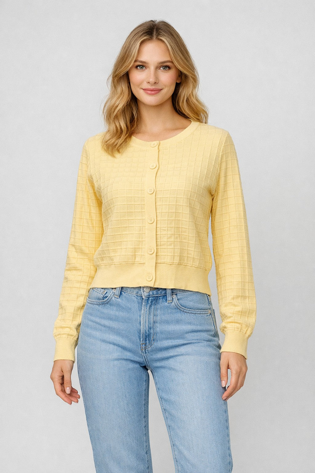 Textured Grid Buttoned Knit Cardigan Yellow