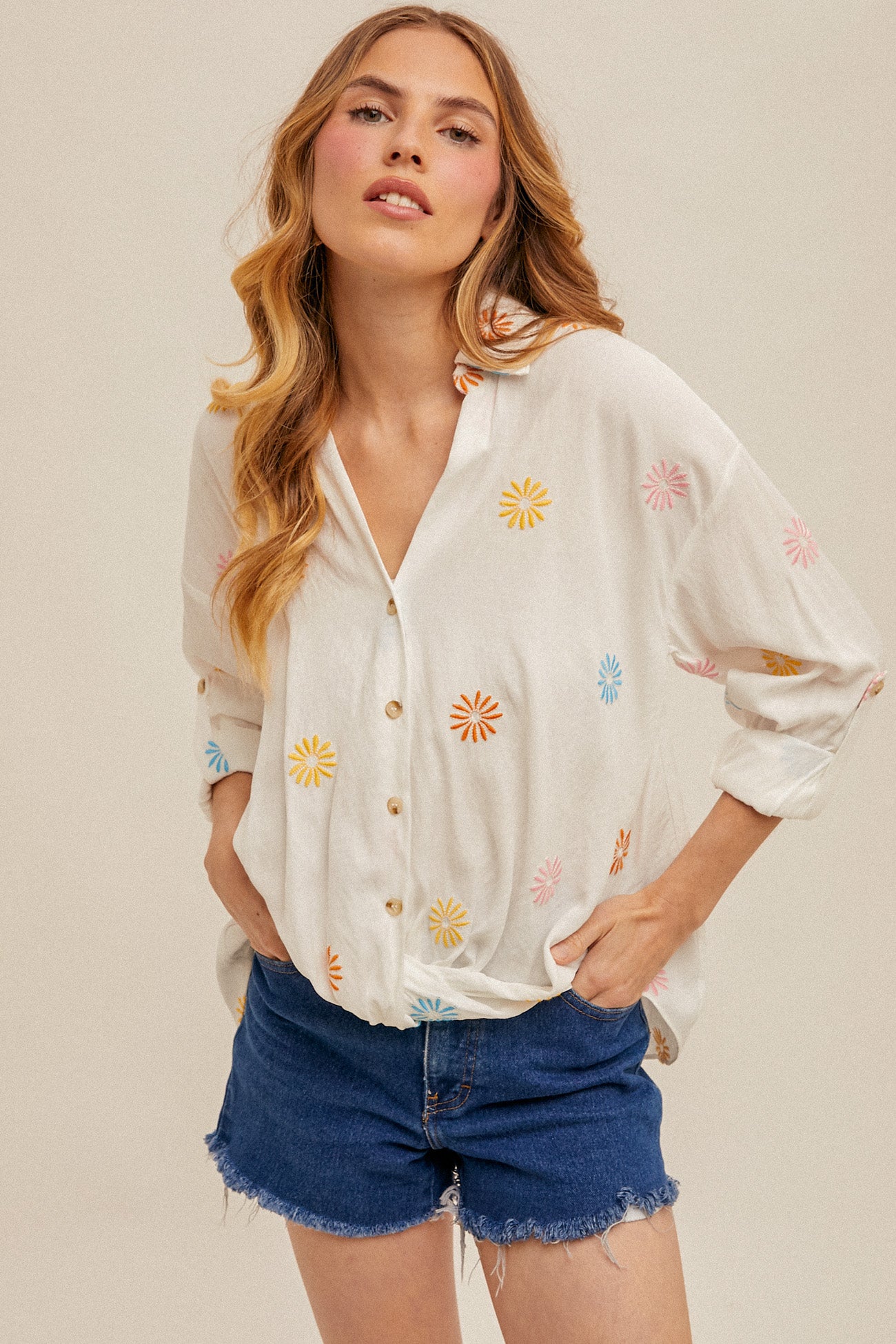 Embroidered Knotted Button Down Shirt Off White