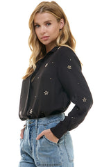 Studded Floral Button Down Shirt Black