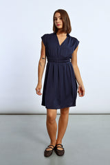 Collared Vneck Smock Waist Mini Dress Navy Blue