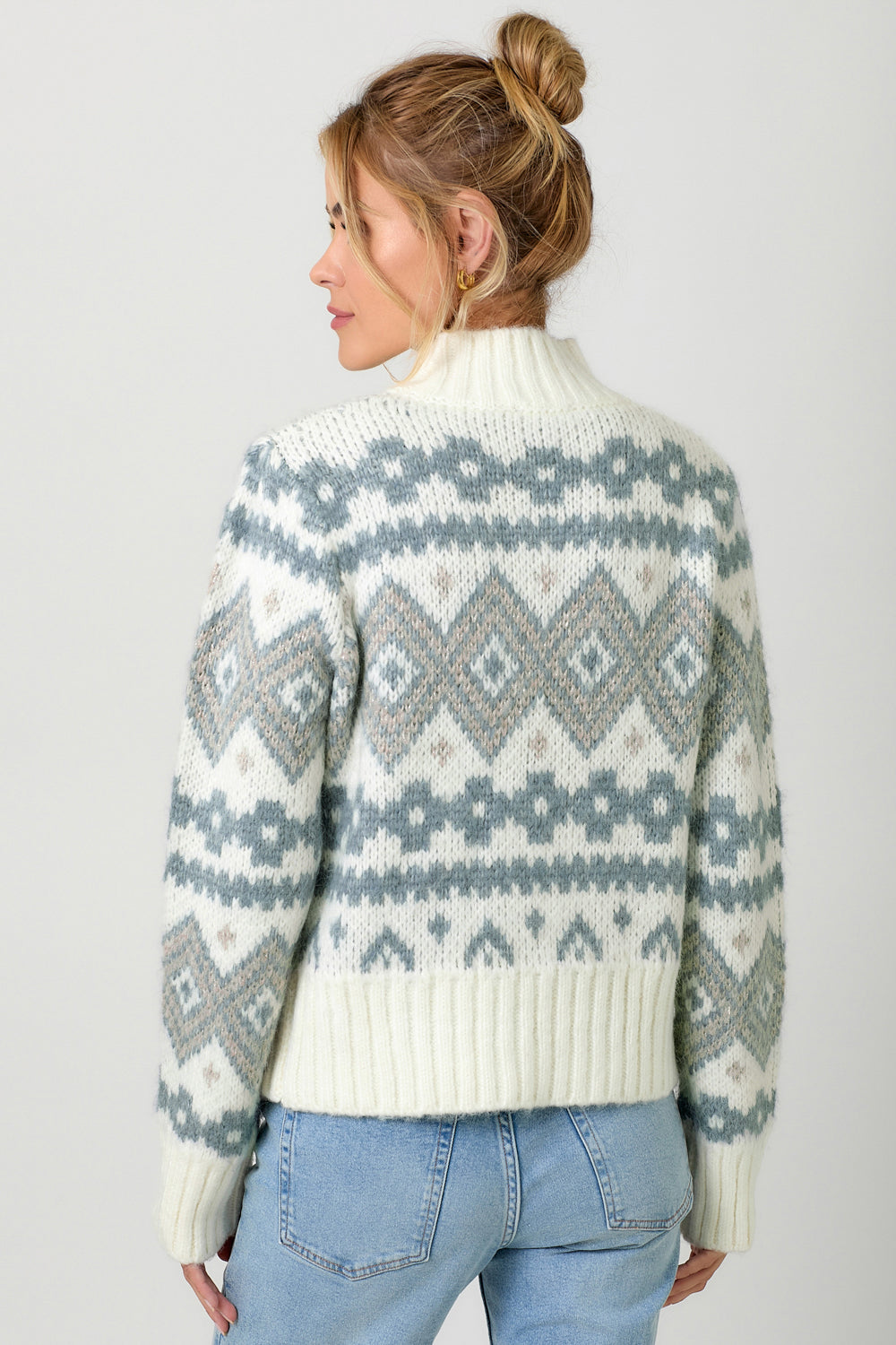 Oversize Fair Isle Mock Neck Sweater Ivory Mix
