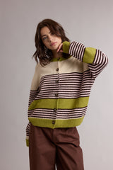 Striped Colorblock Sweater Cardigan Avocado + Espresso