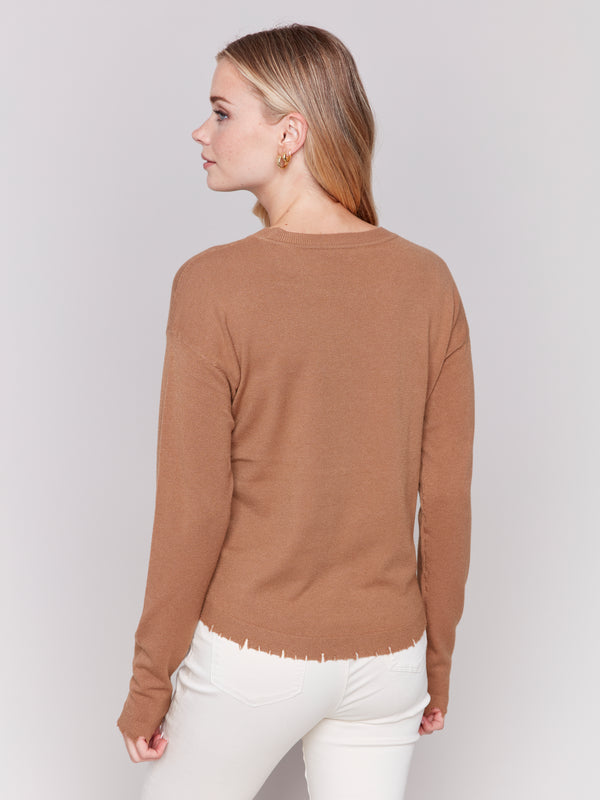 Solid Distressed Hem Round Hem Sweater Truffle