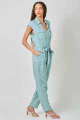Utility Cap Sleeve Belted Jumpsuit Soft Blue
