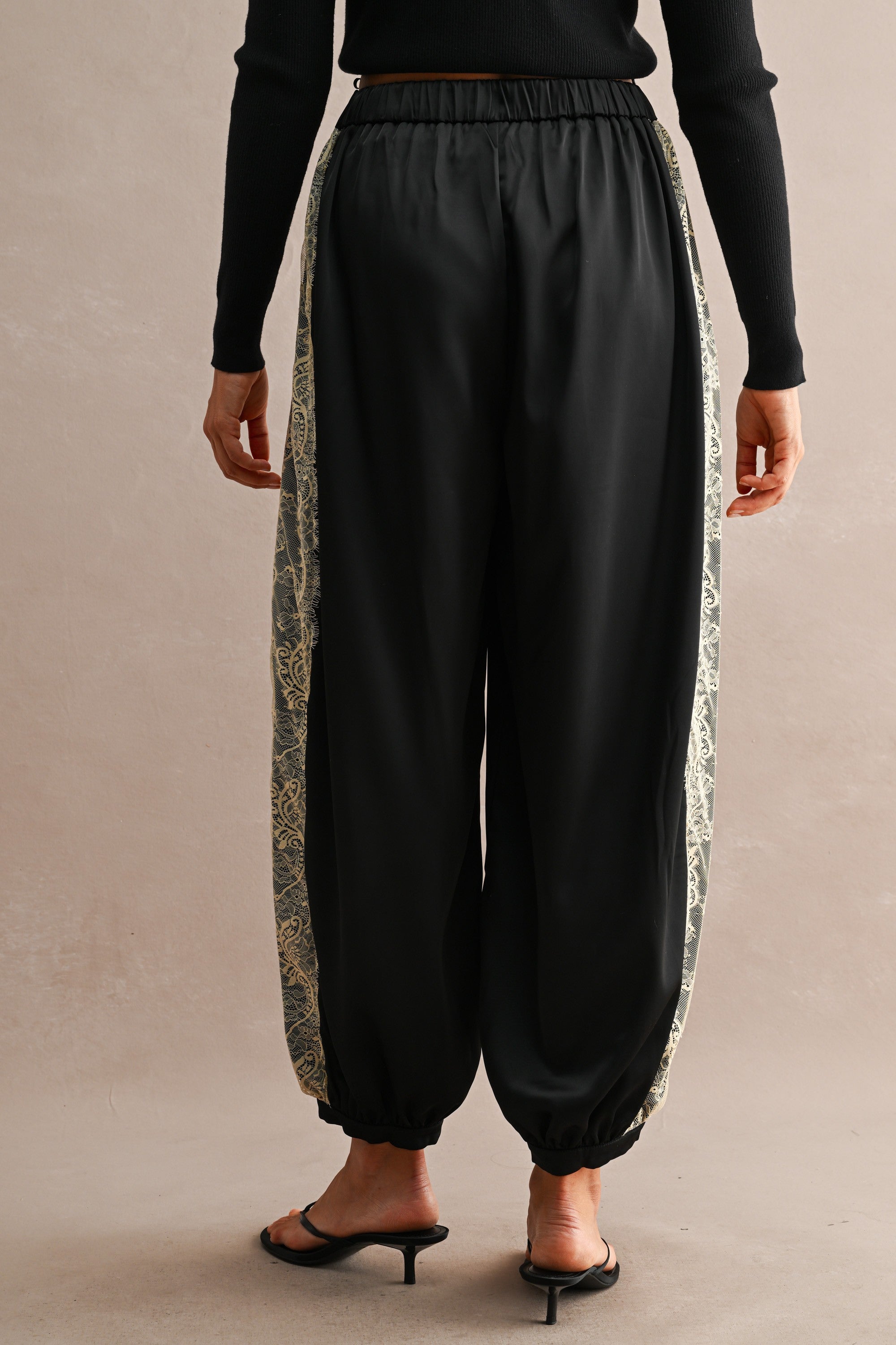High Waisted Lace Trim Satin Balloon Pants Black