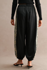 High Waisted Lace Trim Satin Balloon Pants Black