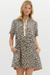Leopard Print Short Sleeve Pullover Mini Dress Camel