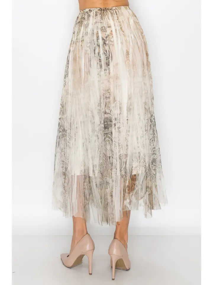 Vintage Print Mesh Pleated Maxi Skirt Taupe