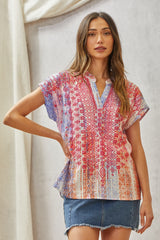 Aztec All Over Emb. Dolman Deep V Collar Top Multi