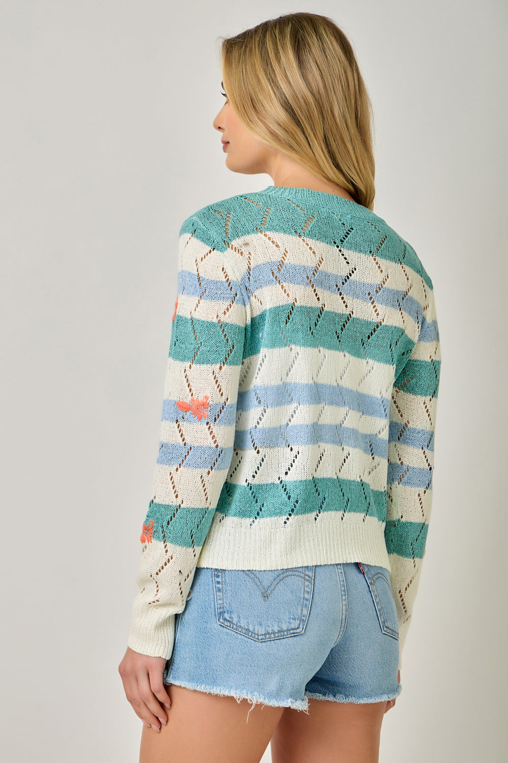 Stripe Chevron Knit Embroidered Flower Sweater Seafoam Combo