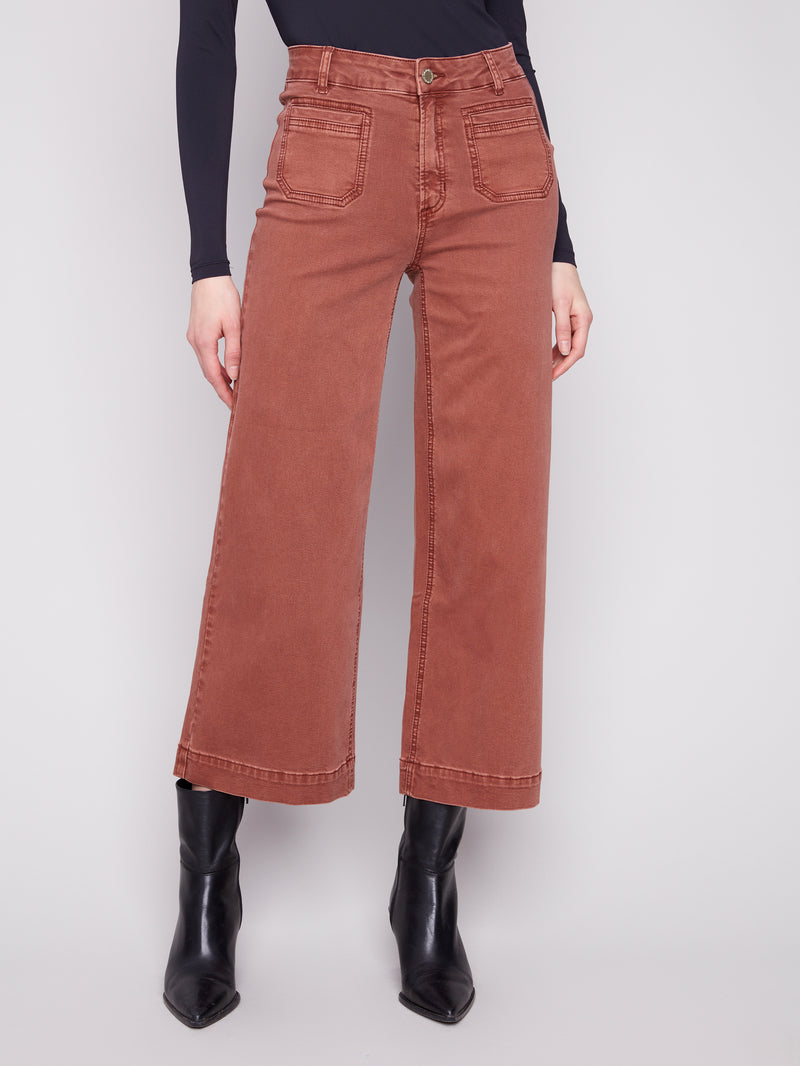 Patch Pocket Wide Leg Twill Pants Sepia