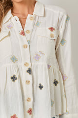 Embroidered Medallions Washed Peplum Jacket Off White