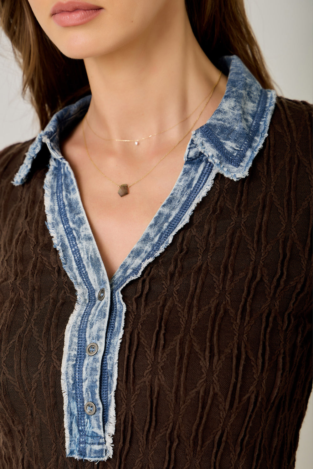 Denim Mixed Textured Knit Henley Top Chocolate Brown