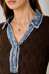 Denim Mixed Textured Knit Henley Top Chocolate Brown
