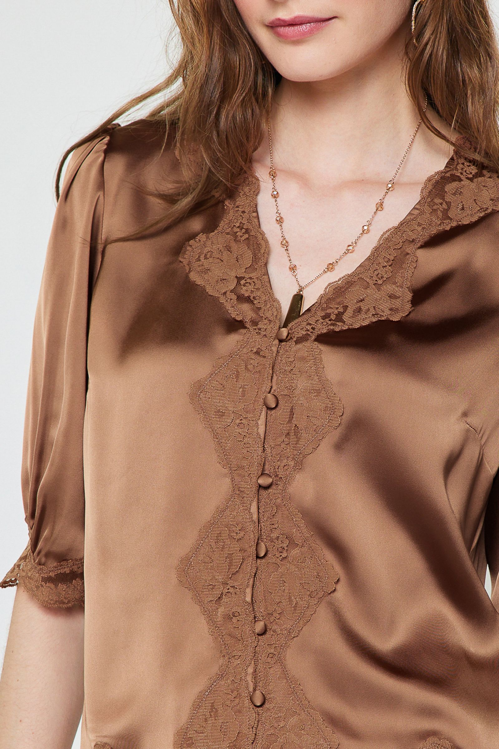 Scalloped Floral Lace Button Closure Blouse Mocha Mousse
