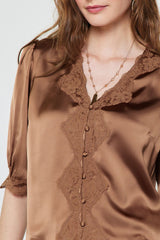Scalloped Floral Lace Button Closure Blouse Mocha Mousse