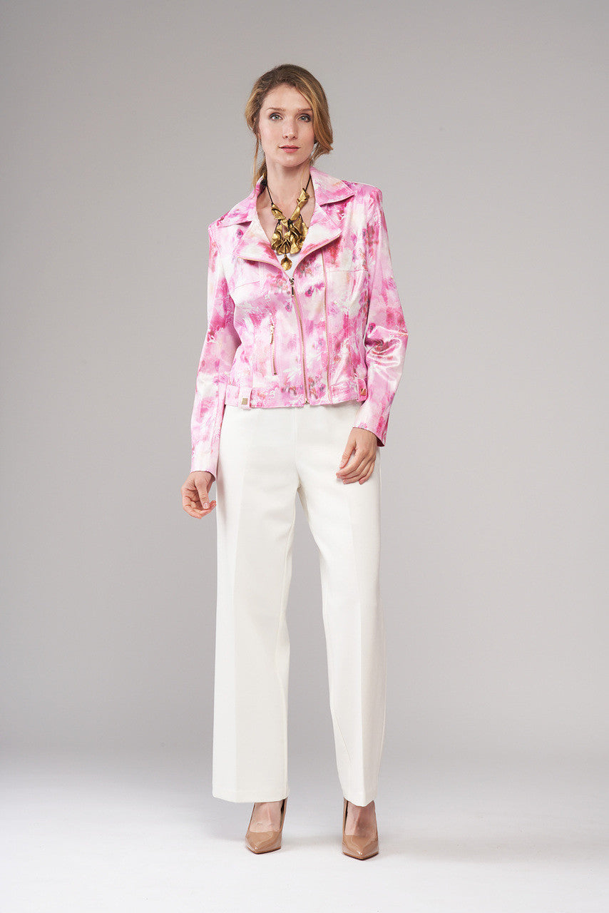 Printed Liquid Leather Zip Jacket Fuchsia Floral