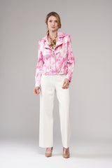 Printed Liquid Leather Zip Jacket Fuchsia Floral
