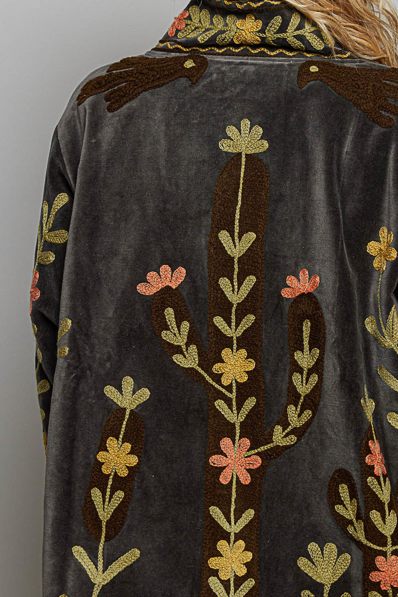 Embroidered Cactus Floral Velvet Jacket Charcoal
