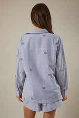Stripe Flag Embroidered Button Down Shirt Navy White Stripe