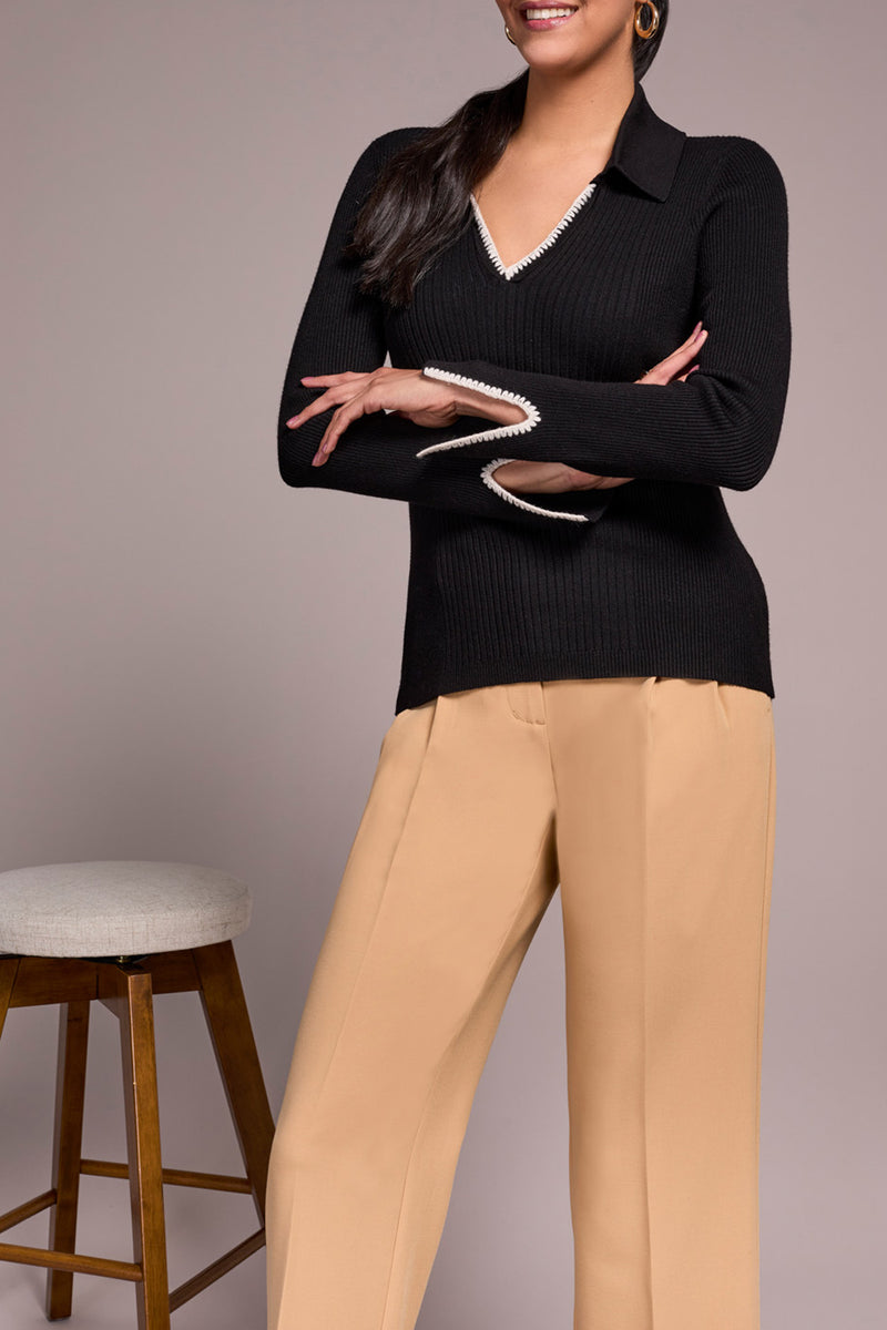 Stitched Neckline Polo Sweater Top Black