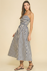 Striped Ruched Detail Midi Dress Cream + Navy