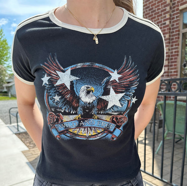 Wild & Free Eagle Baby Ringer Tee Black + Bone