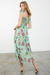 Tie Strap Smocked Tiered Retro Floral Midi Dress Sage