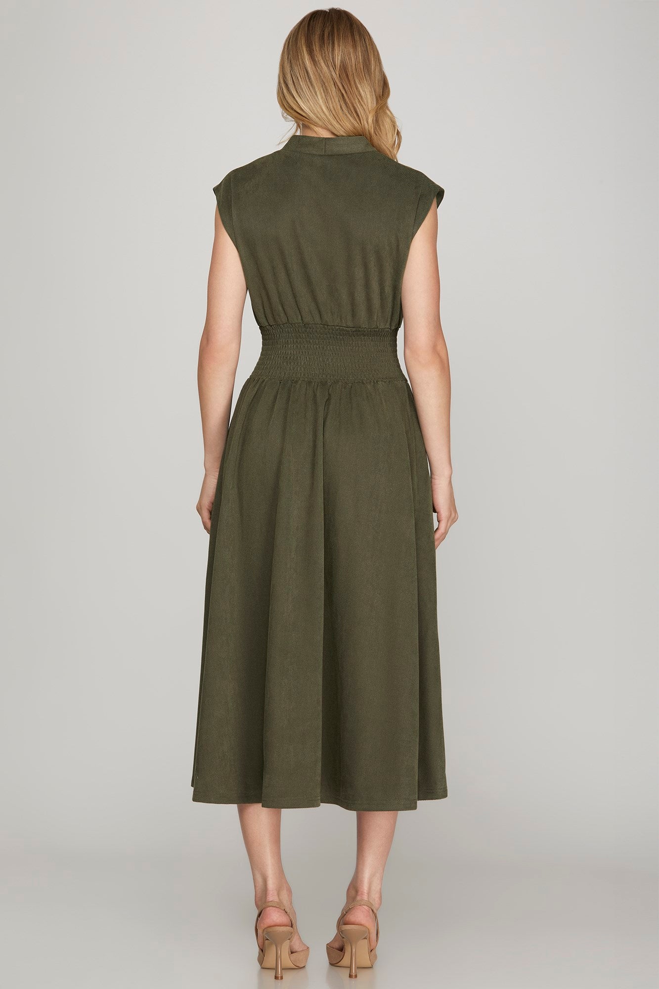 Suede Twill Smocked Waist Zipper Midi Dress Olive