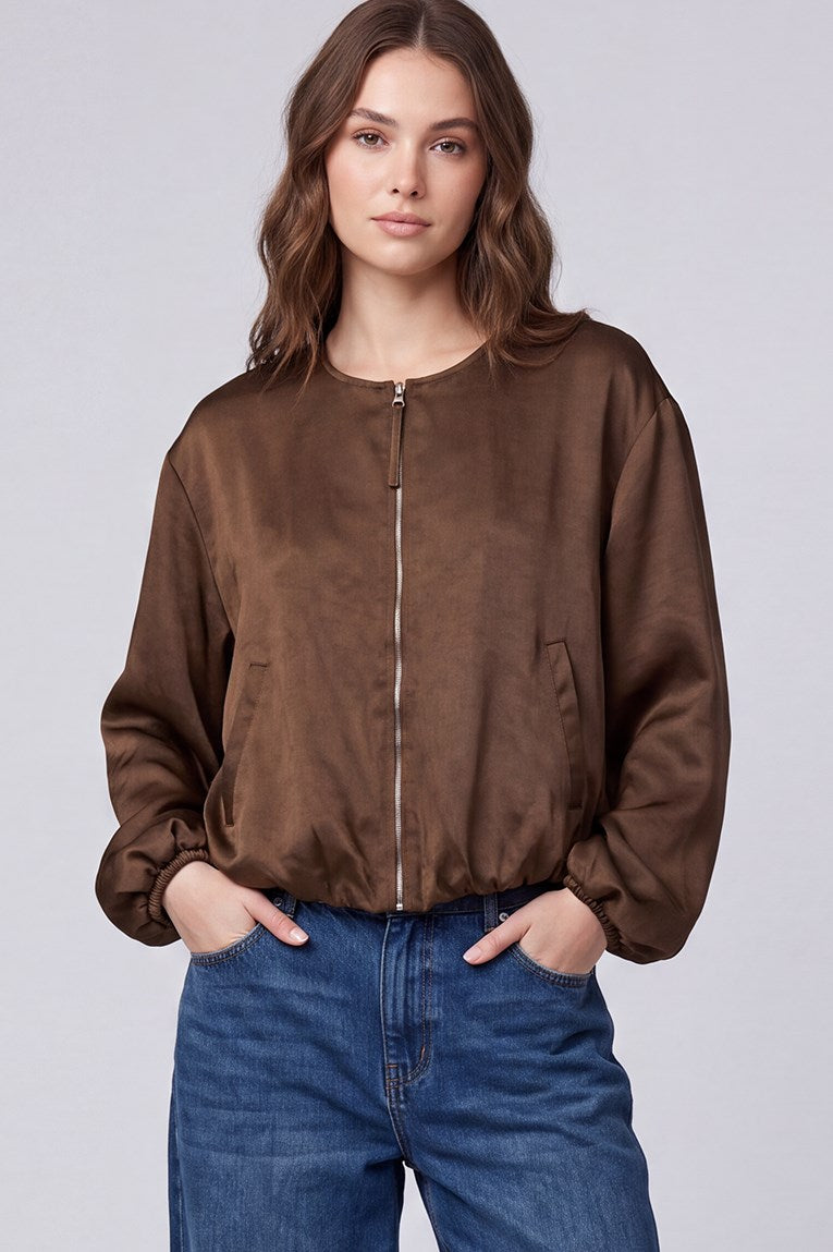 Satin Bubble Hem Zip Up Jacket