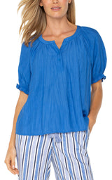 Short Sleeve Half Placket Woven Blouse Cobalt