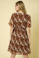 Floral Waist Tie Vneck Mini Dress Brown + Ivory