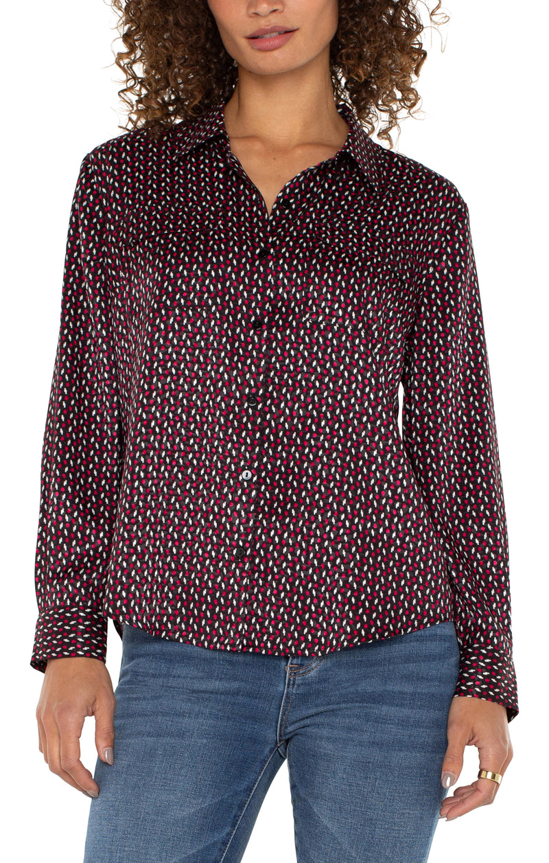 Flap Pocket Button Front Woven Blouse Star Ruby Dot