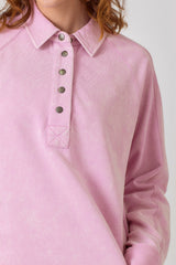 Collared Button Neck Terry Long Sleeve Top Lavender Pink