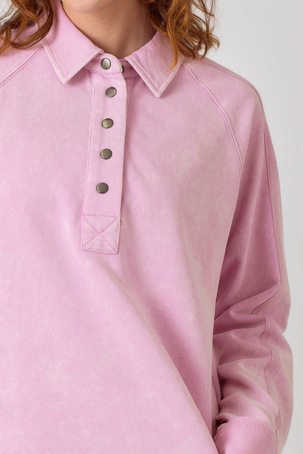 Collared Button Neck Terry Long Sleeve Top Lavender Pink