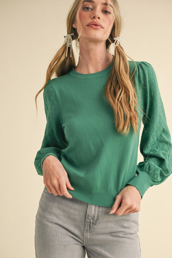 Lightweight Knit Pointelle Sleeve Sweater Rosemary Green