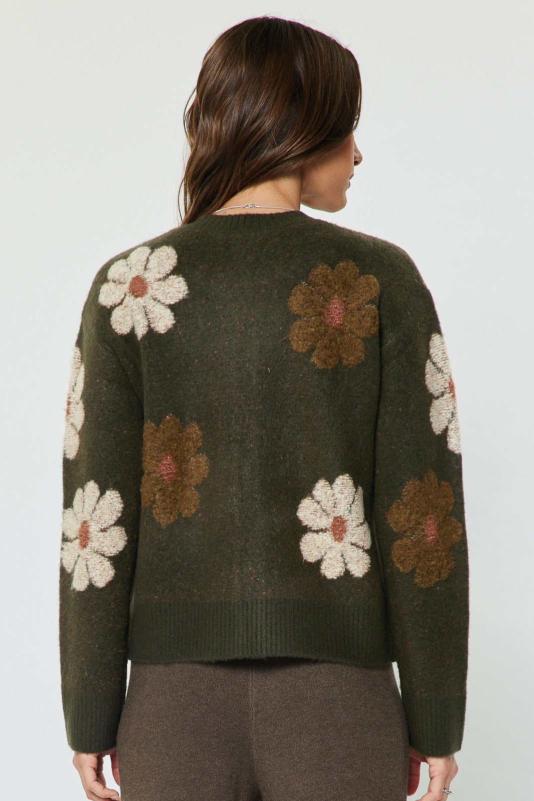Textured Daisy Floral Buttoned Cardigan Khaki