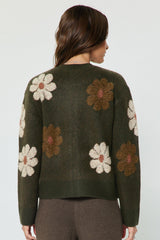 Textured Daisy Floral Buttoned Cardigan Khaki