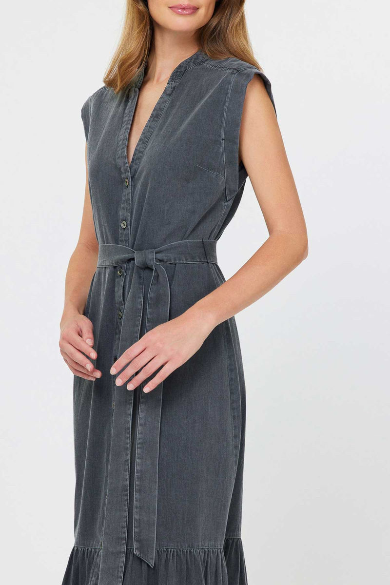 Cap Sleeve Tie Belt Ruffle Hem Midi Dress Washed Black