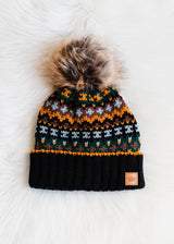 Multi Colored Patterned Pom Hat Black