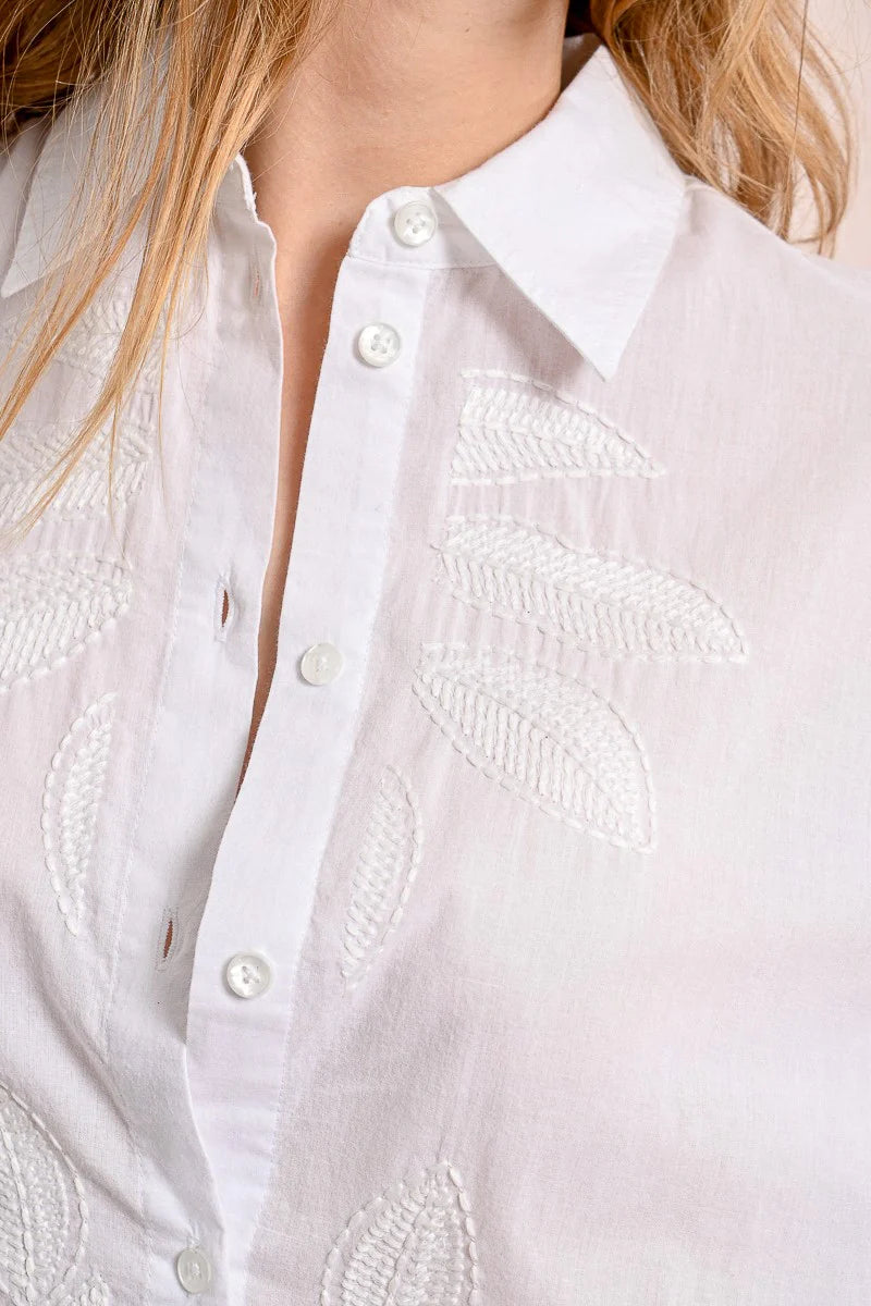 Stitched Floral Details Button Down Shirt White