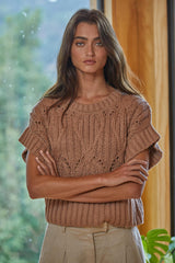 Cali Crochet Short Sleeve Sweater Top Brown