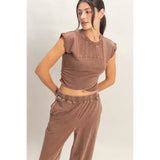 Rolled Sleeve Wrap Front Crop Top Jogger Set Chocolate