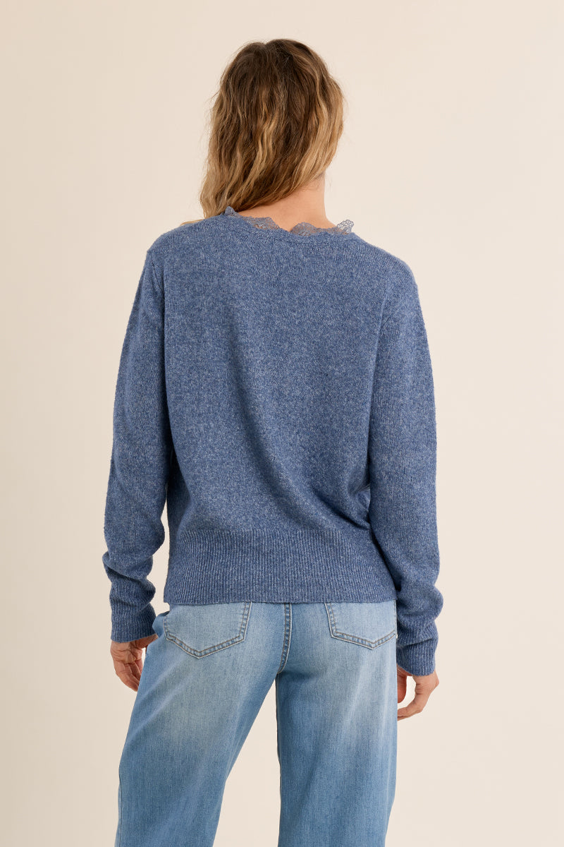 Scalloped Lace Trim Buttoned Cardigan Blue Denim