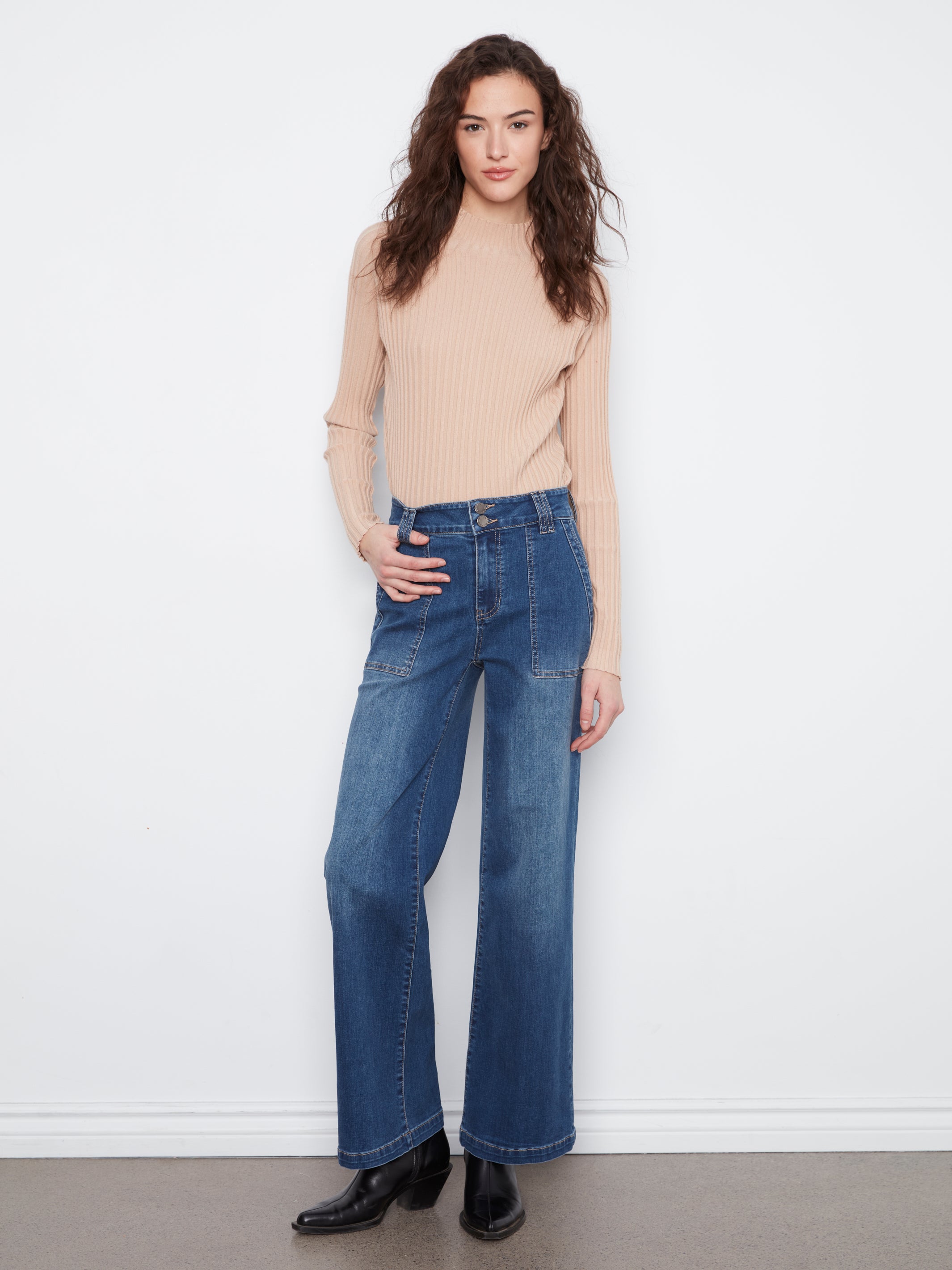 Double Front Button Patch Pocket Wide Leg Jeans Washed Indigo