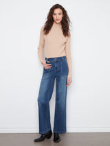 Double Front Button Patch Pocket Wide Leg Jeans Washed Indigo