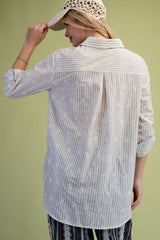Embroidered Eyelet Stripe Cotton Gauze Shirt Natural