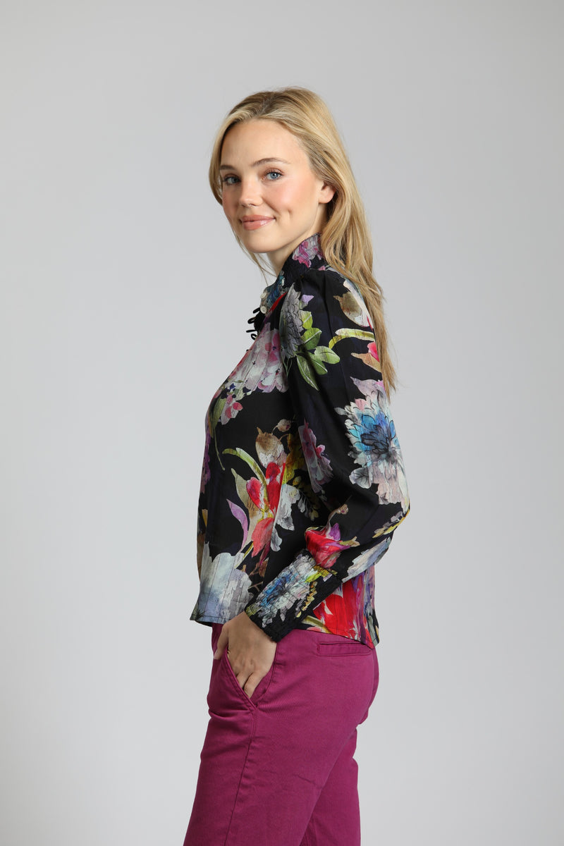 Colorful Painted Bloom Puff Sleeve Blouse