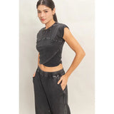 Rolled Sleeve Wrap Front Crop Top Jogger Set Black