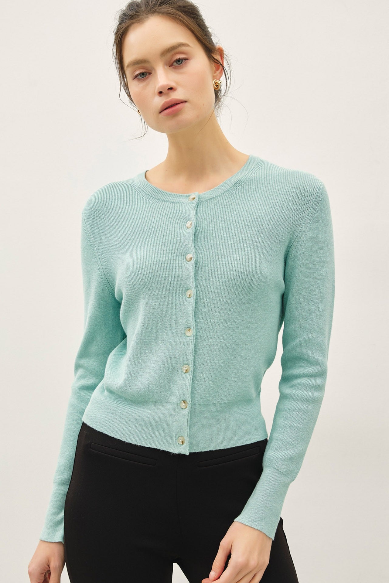 Ribbed Crew Neck Cardigan Seafoam